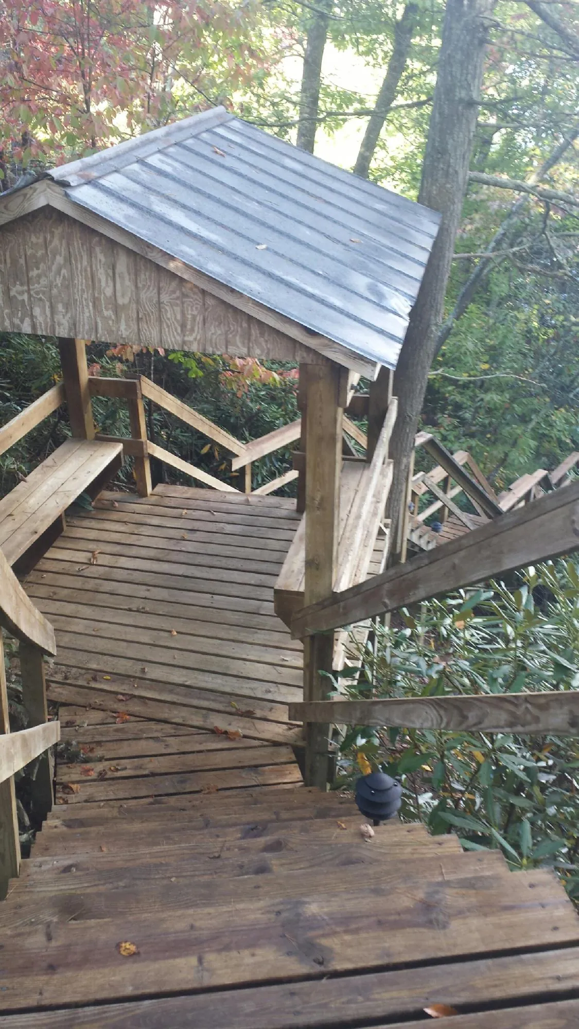 Metal roofed shelter over wooden steps on a wooded walkway — Skylight Repair & Installation work by our crew in Cooleemee